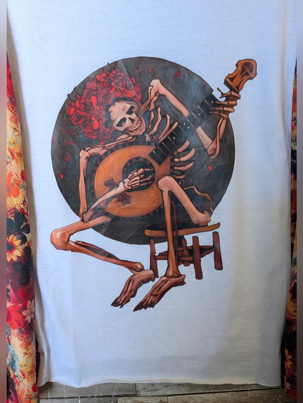 Jerry Garcia Graphic W Boho Floral Bat Winged Sleeves Top - Picture 9 of 15